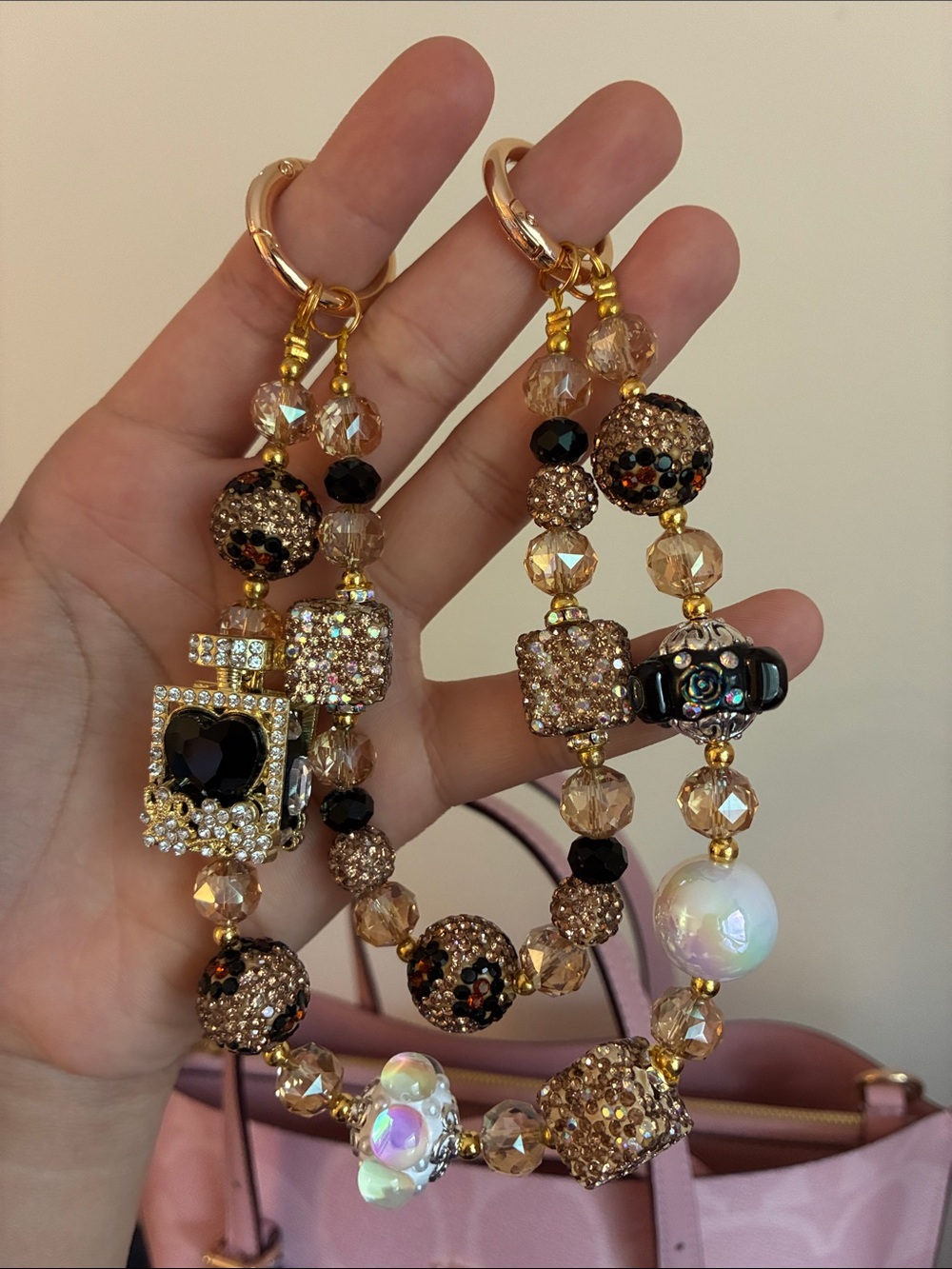 Gold and Black Crystal Beaded Charm Bag Chain - Picture 2 of 2